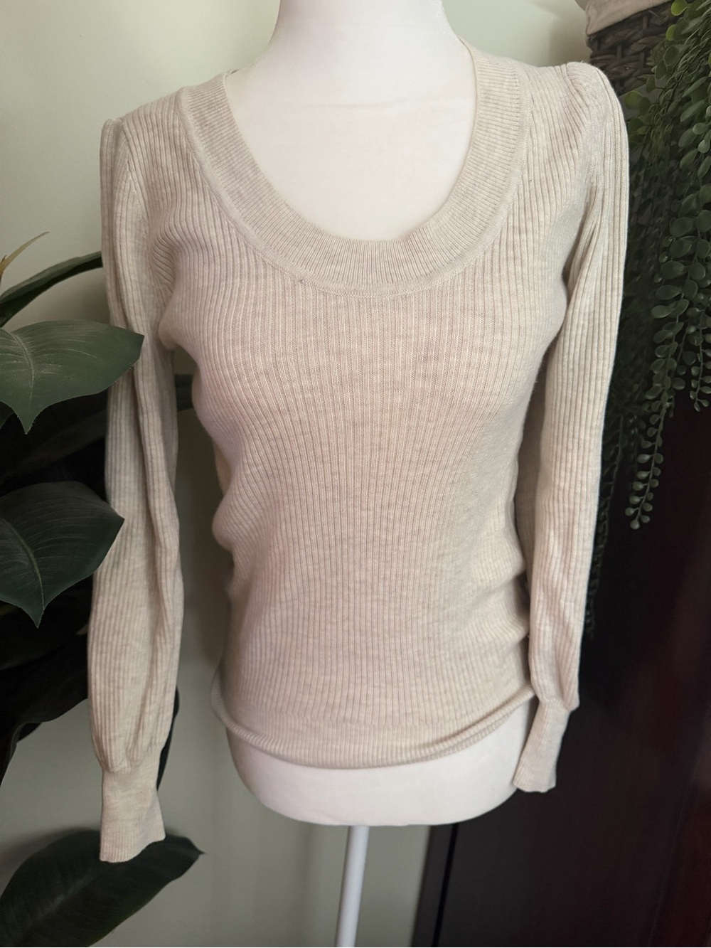 LOFT Beige Ribbed Scoop Neck Sweater